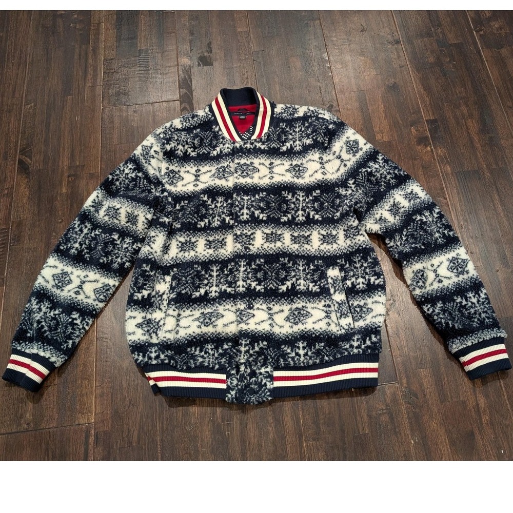 Tommy Hilfiger Jacket Mens Large Navy White Fair Isle High Pile‎ Fleece Snap Up